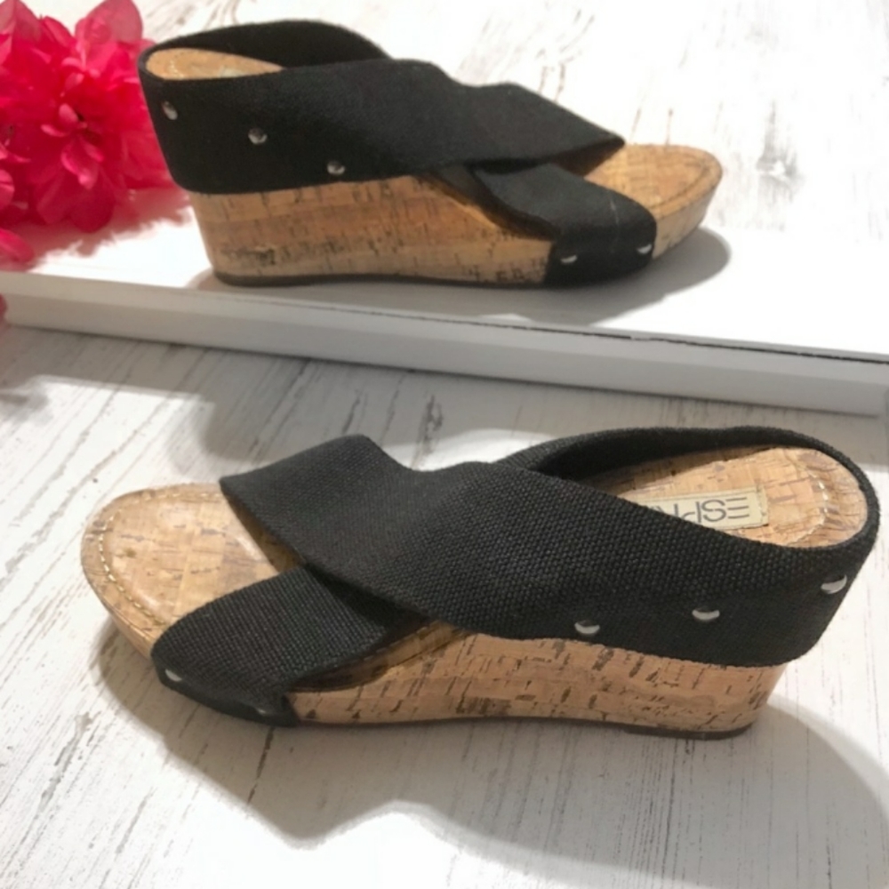 Easy Spirit black canvas strap cork open toe wedge